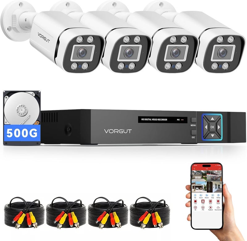 VORGUT Wired Security Camera System Outdoor, 4 Channel 5MP Lite AHD TVI DVR Recorder with 500G HDD, 4pcs Wired Surveillance CCTV Bullet Camera Indoor Outdoor, Smart Motion Detection, Night Vision - Image 1
